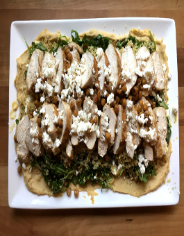 Rose Reisman Chicken over hummus with salad