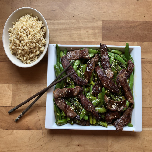 Steak, asparagus and sugar snap pea stir-fry